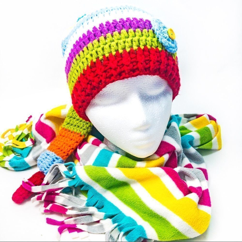 Rainbow Striped Set: Hand Knit Beanie & Old Navy Fleece Scarf - Picture 3 of 11
